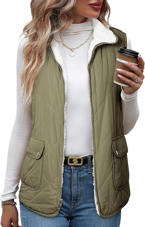 SHEWIN Women Puffer Vest Casual Stand Collar Sleeveless Puffer Jacket Warm Winter Reversible Zip ... | Amazon (US)