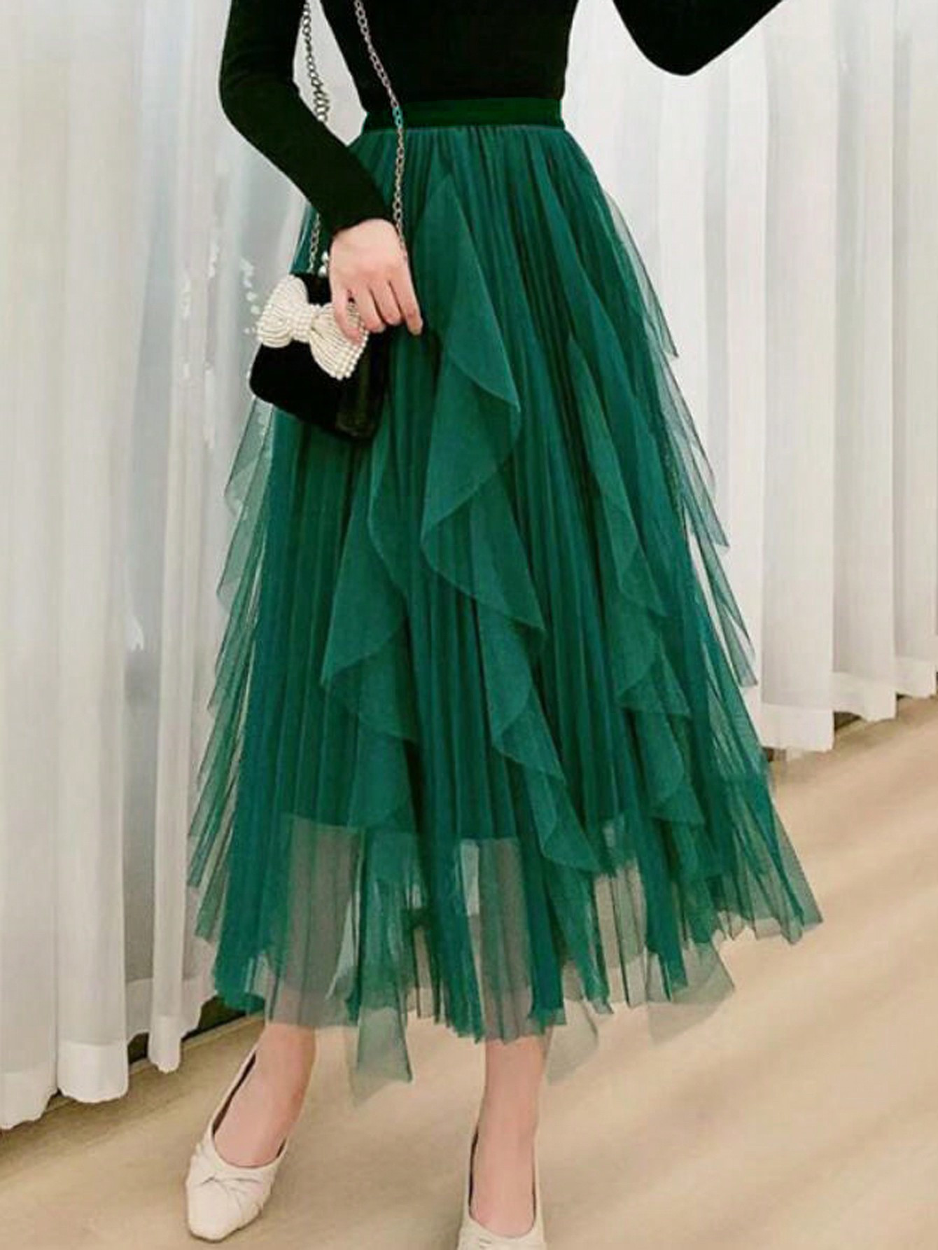 Ruffle Trim Mesh Overlay Skirt | SHEIN