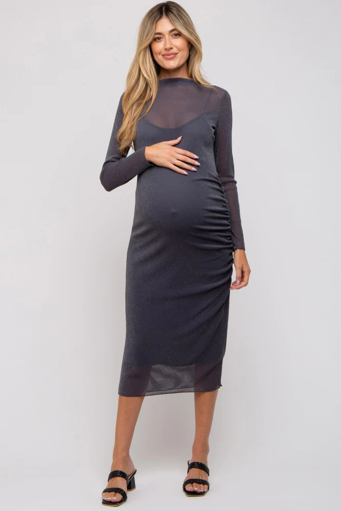 Charcoal Shimmer Mesh Long Sleeve Ruched Maternity Midi Dress | PinkBlush Maternity