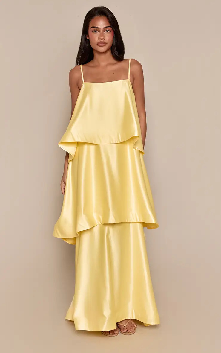Lemon Structured Tiered Maxi Dress | PrettyLittleThing USA | PrettyLittleThing US