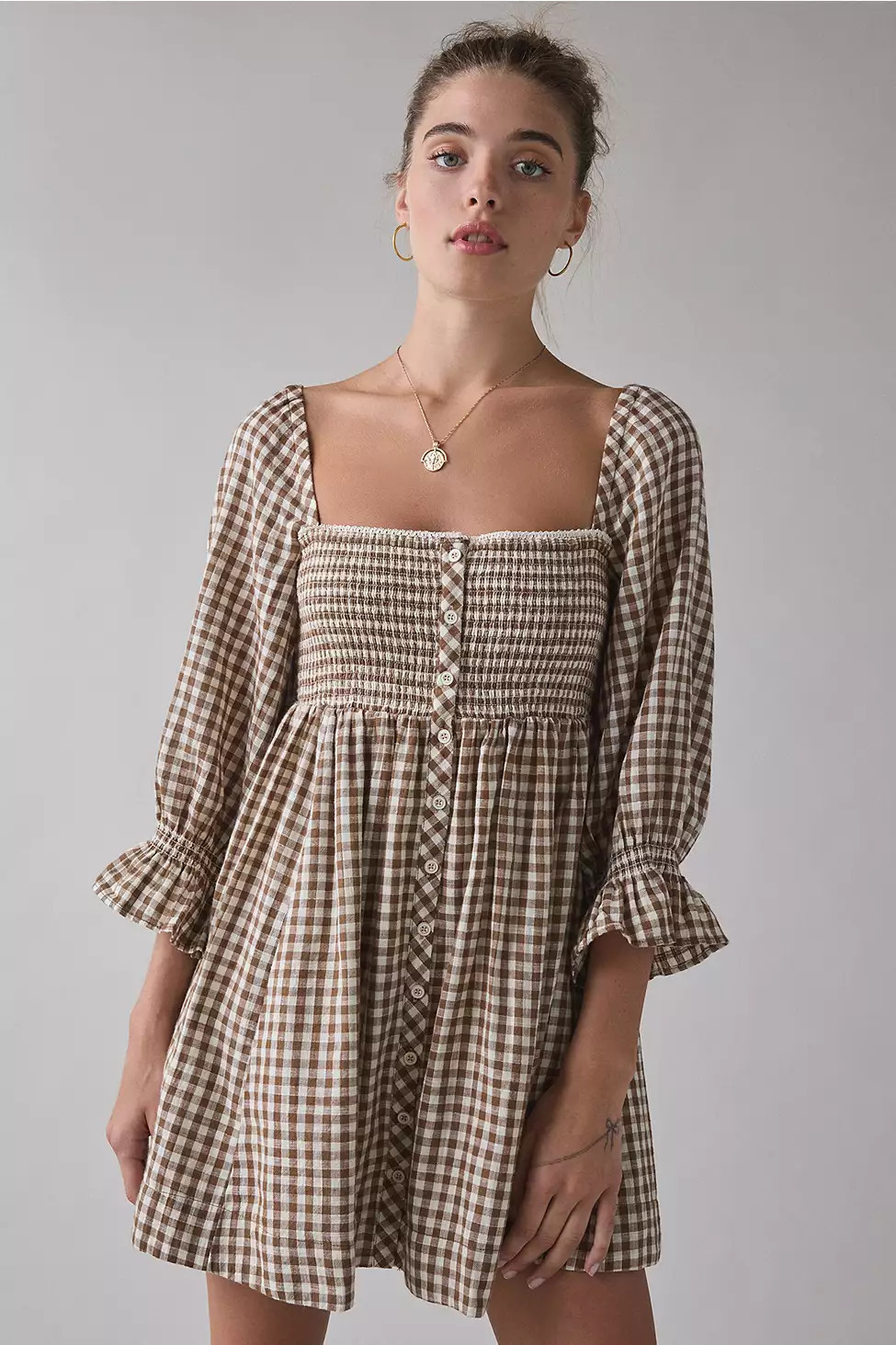 Kimchi Blue Cute As A Button Mini Dress - Brown M at Urban Outfitters | Urban Outfitters UK