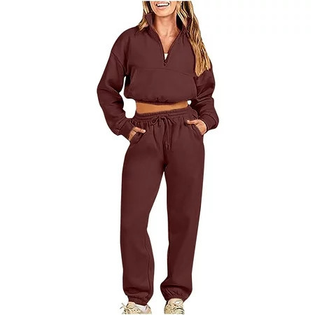 QUYUON 2 Piece Cropped Sweatsuits for Women Half Zip Sweatshirt and Drawstring Elastic Waist Joggers Pants Sets Solid Long Sleeve Pullover Tops and Sweatpants Two Piece Lounge Set Brown S | Walmart (US)