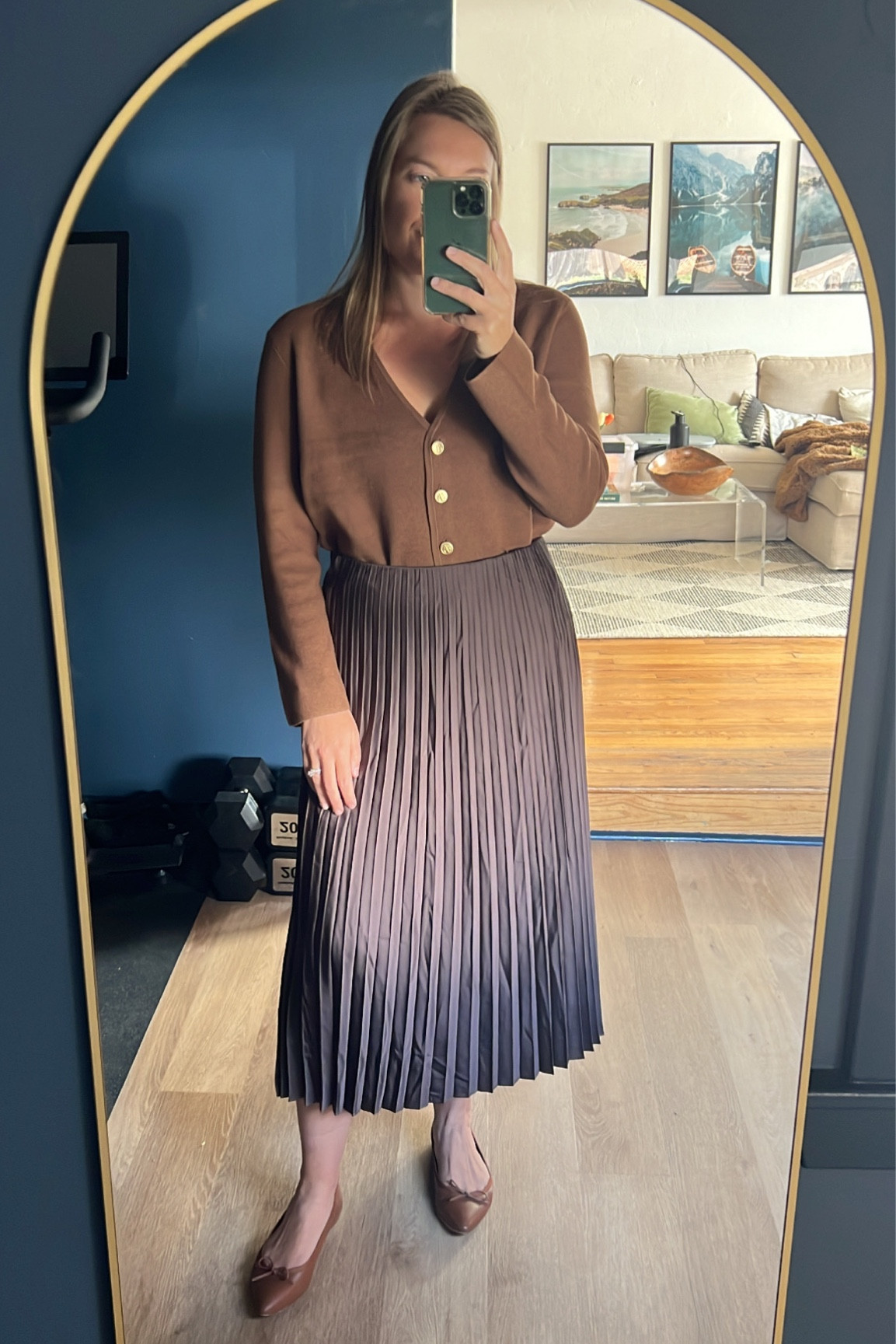 monochrome in J Crew for fall - size down in both! flats TTS 

monochrome fall outfit, chocolate brown sweater, brown sweater, brown skirt, silk skirt, midi skirt, fall outfit, fall work outfit, fall travel outfit, monochromatic outfit, J Crew, J Crew sweater, ballet flats 

#LTKmidsize #LTKSeasonal #LTKfindsunder100