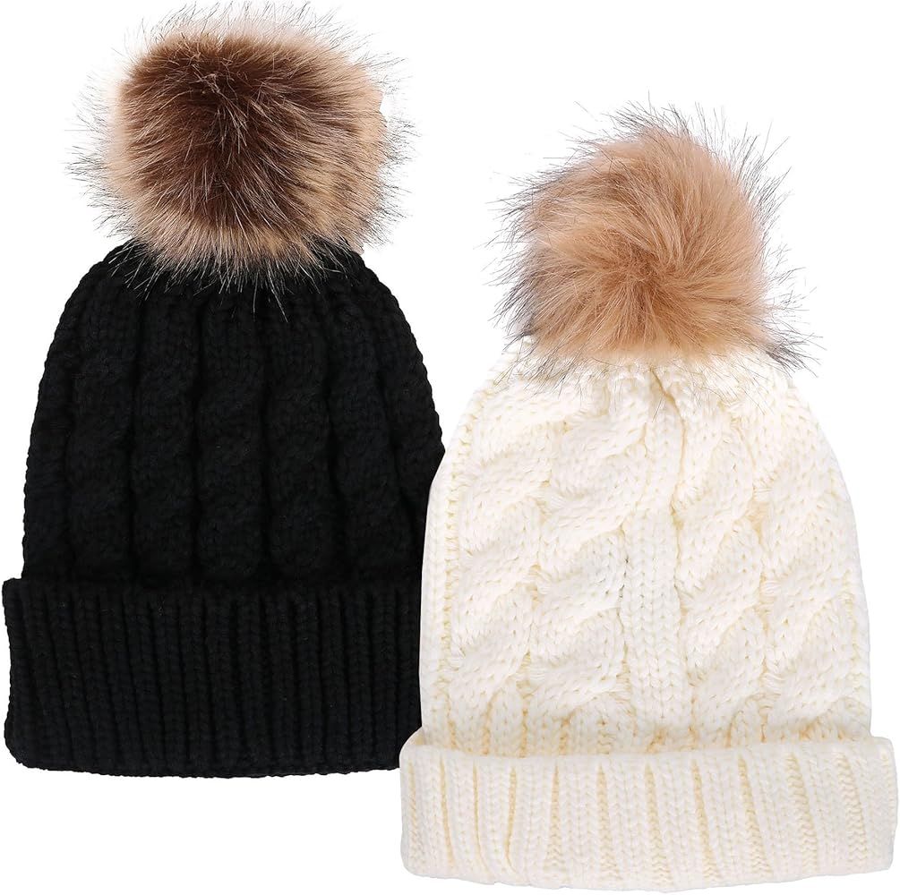 Simplicity Womens Winter Hand Knit Faux Fur Pompoms Beanie Hat | Amazon (US)