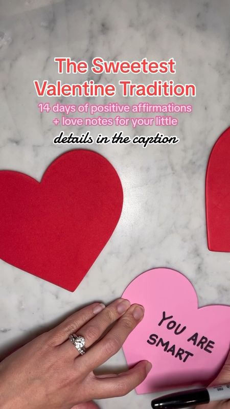 Our favorite little Valentine’s tradition! 💕 

All you’ll need for this simple + easy diy is some paper, markers, and (painters) tape. Start by making 14 paper hearts. This year we found pre-cut hearts, but you can easily make your own. Each day in February leading up to Valentine’s Day write (with markers) a positive characteristic and/or word of affirmation about your little. Think of things that will help boost their confidence! We promise no matter what their age your kid will be excited + love seeing what you wrote. Use painters tape to stick hearts to their door so they can reference these words of affirmation + love notes all month long. 🫶🏼

#LTKkids #LTKSeasonal