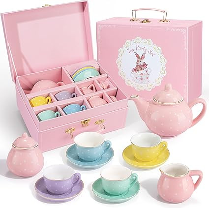 Porcelain Tea Set for Toddlers, Tea Party Set for Little Girls, Kids Tea Set Kitchen Pretend Play... | Amazon (US)