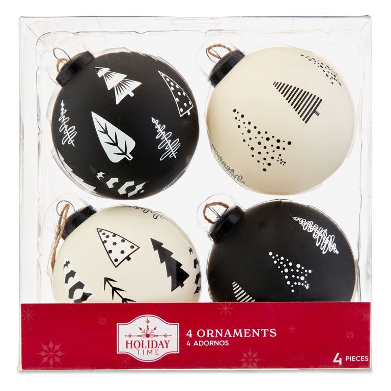 Holiday Time Black and White Christmas Tree Ornaments, 3.54", 4 Pack - Walmart.com | Walmart (US)