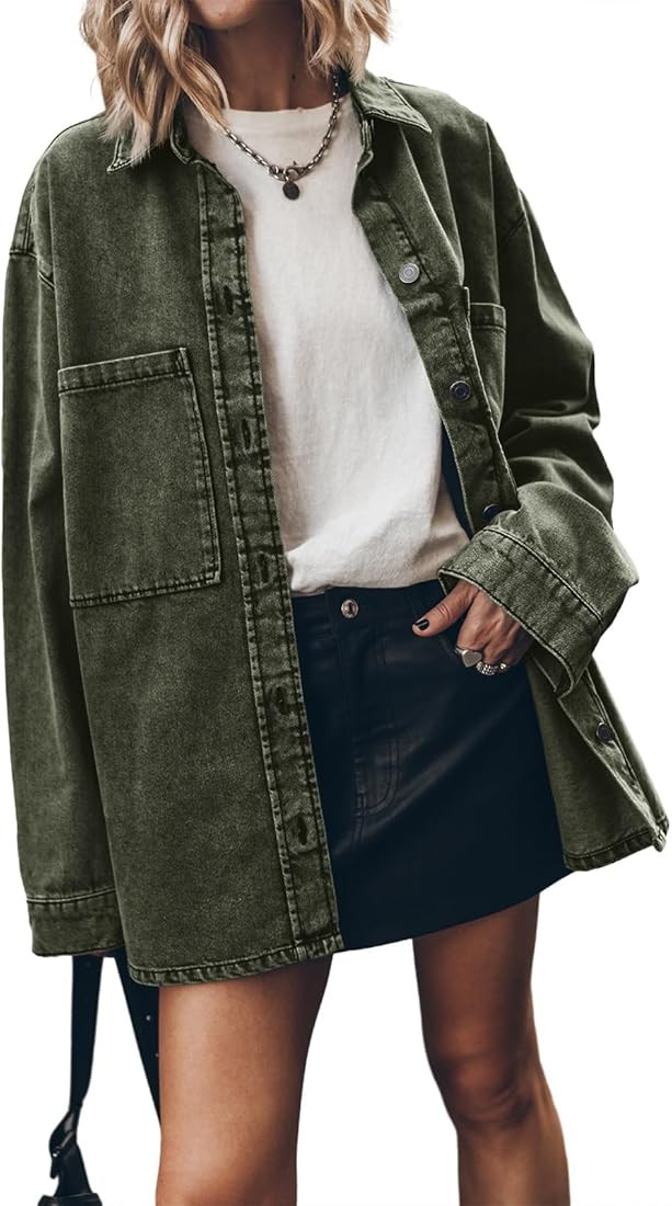 PLNOTME Womens Oversized Jean Jacket Casual Button Up Denim Overshirt Trendy Long Sleeve Denim Ja... | Amazon (US)