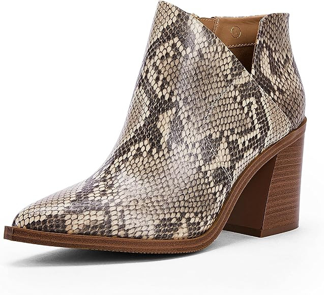 Womens Ankle Boots V Cutout Pointed Toe Western Booties Chunky Heel Side Zipper Chelsea Boots | Amazon (US)
