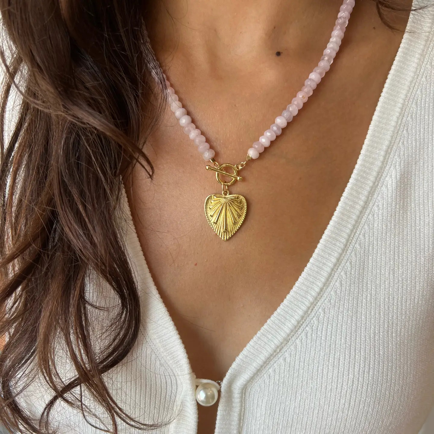 Rosalie Rose Quartz Heart Beaded Toggle Necklace Gold Filled | Carin Rose