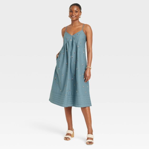 Women&#39;s Spaghetti Strap Embroidered Dress - Universal Thread&#8482; Blue Floral L | Target