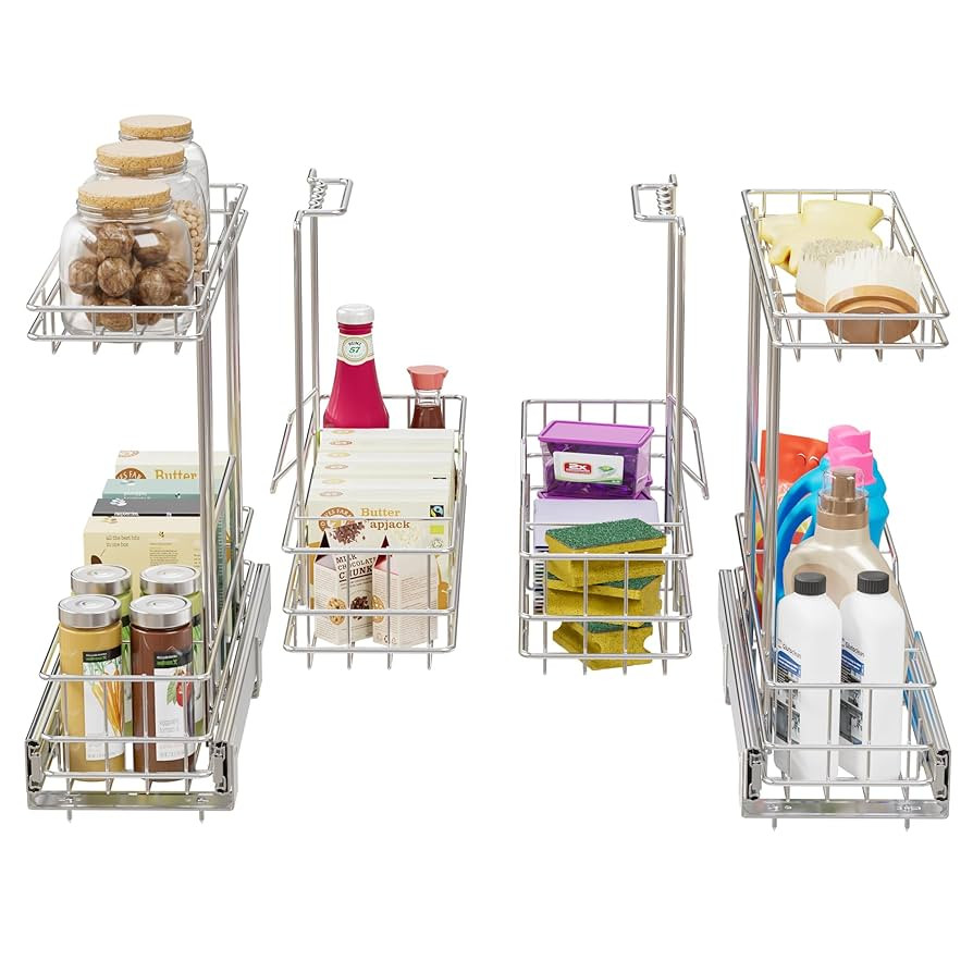 2 Tier Under Sink Organizer 11"W X18"D, Pull Out Cabinet Organizer One Removable Basket, Under Si... | Amazon (US)