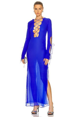 Christopher Esber Tie Front Layered Column Dress in Cobalt | FWRD | FWRD 