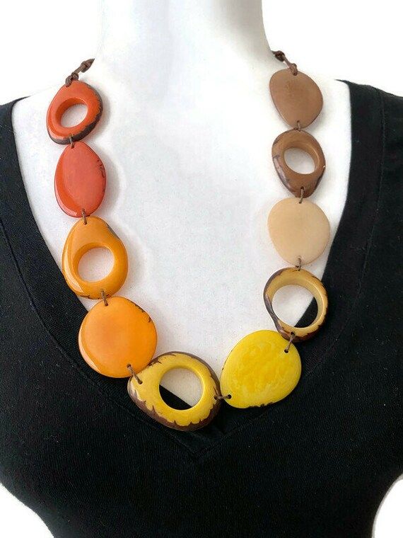 Long Tagua Nut Necklace in Orange, Yellow, Brown and Beige TAG691 Adjustable Length Vegetable Ivo... | Etsy (US)