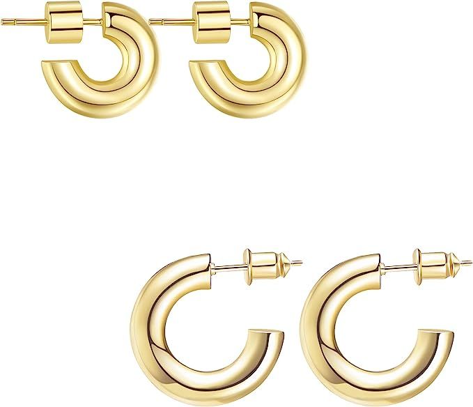 Wowshow Gold Hoop Earrings for Women 14K Gold Plated Hoops Chunky Open Hoops Earrings Lightweight | Amazon (US)
