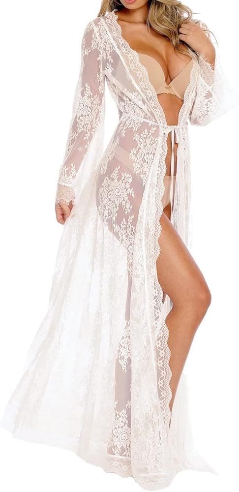 Women Sexy Long Lace Dress Sheer Gown See Through Lingerie Kimono Robe Swimsuit Cover Up | Amazon (US)