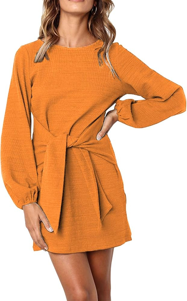Amazon.com: PRETTYGARDEN Women’s Elegant Long Lantern Sleeve Short Dress Crewneck Tie Waist Knit Coc | Amazon (US)