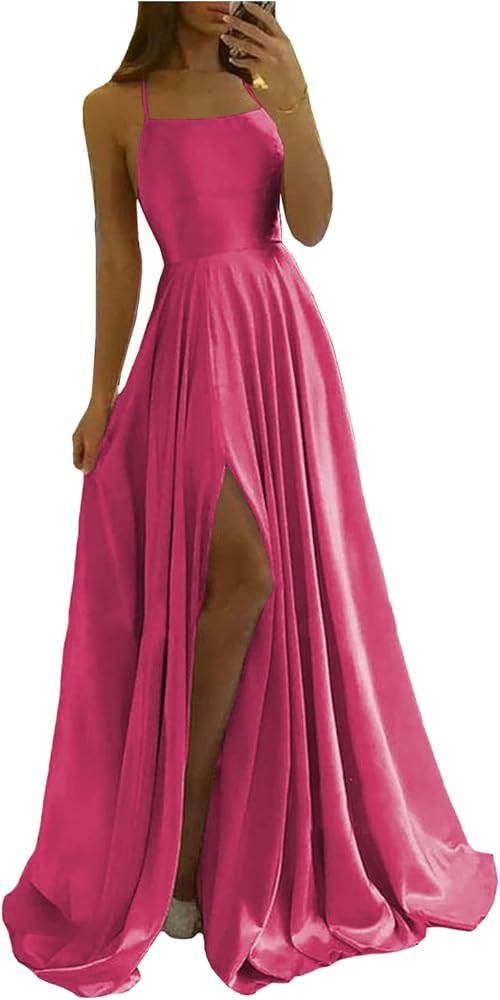 WaterDress Spaghetti Straps Satin Prom Dresses Long with Side Slit A Line Bridesmaid Dress with P... | Amazon (US)