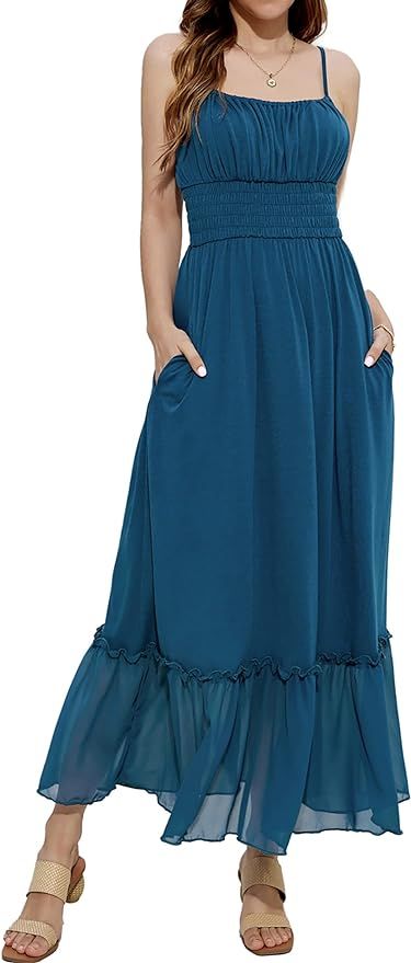 GRACE KARIN Womens 2024 Summer Maxi Dress Casual Sleeveless Spaghetti Strap Smocked Ruffle Beach ... | Amazon (US)