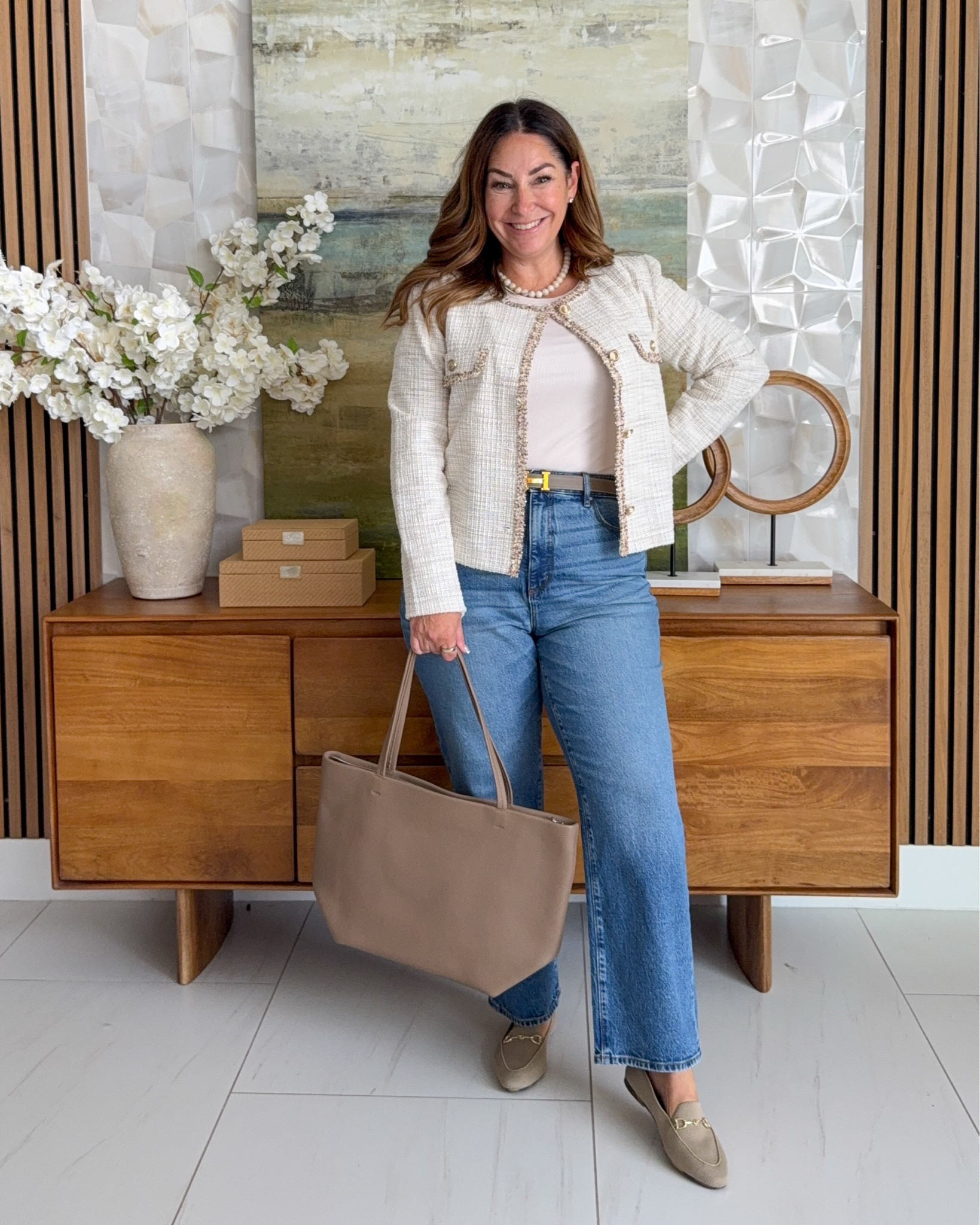 @AnnTaylor dressy casual work outfit with lightweight stretchy tweed jacket and straight leg jeans. Wearing large in jacket and 12 in jeans  

 #LTKOver40 #LTKMidsize #LTKWorkwear