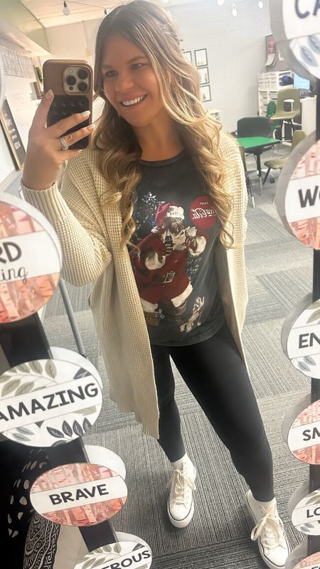 Casual Christmas outfit
Teacher outfit 
Everything runs TTS

Santa Coca Cola shirt
Long cardigan - amazing quality & on sale for $31
Leggings - on sale $48 for 4
Converse high-top dupes only $24

#LTKHoliday #LTKsalealert #LTKworkwear