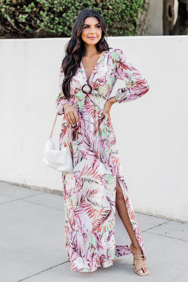 Where I Want To Be Pink and Green Tropical Printed Long Sleeve Maxi Dress | Pink Lily