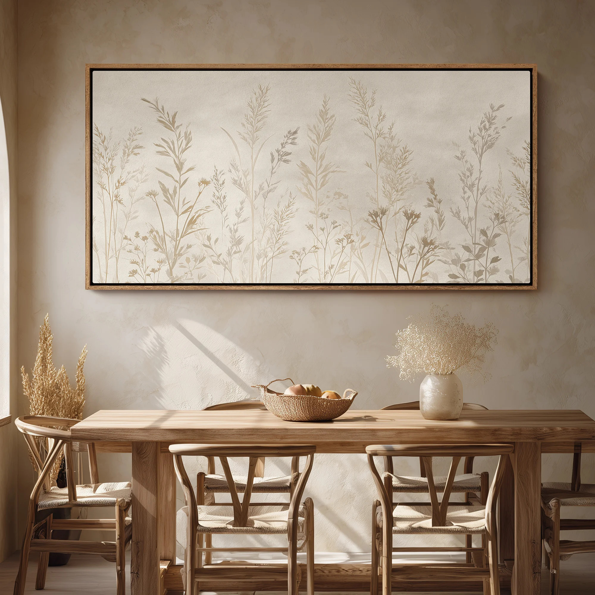 Framed Canvas Wall Art - Minimal Botanical Meadow Silhouette in Soft Beige Neutrals - 16"x24", 24"x36 | Wayfair North America