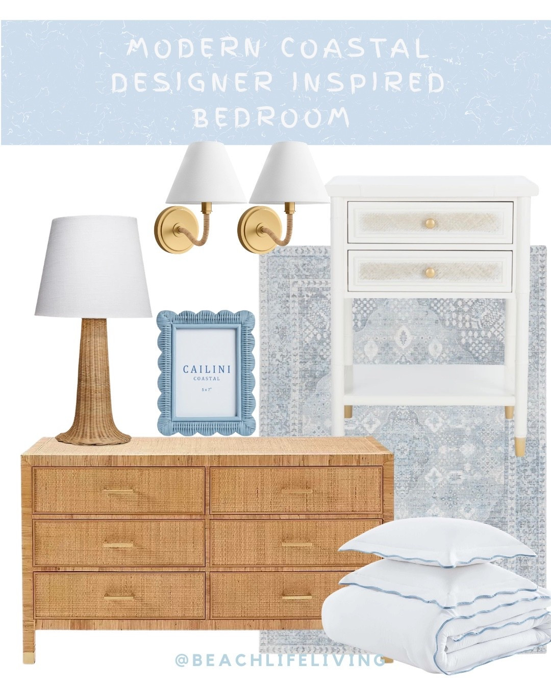 Designer Inspired Coastal Bedroom 
Rattan 6 Drawer Dresser
Rattan Style Table Lsmp 
Blue rug, white rattan nightstand 
Gold sconces , lights , blue rattan frame 

#LTKSeasonal #LTKHome
