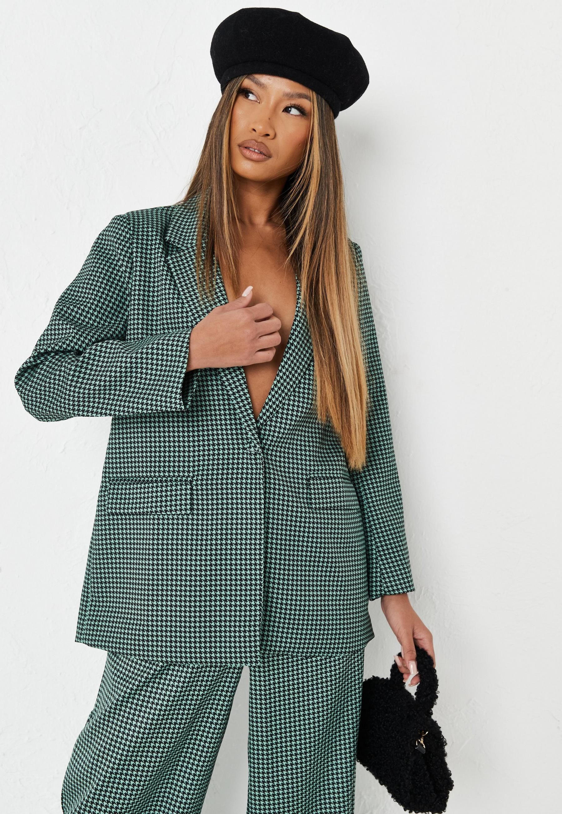 Missguided - Petite Green Co Ord Houndstooth Tailored Blazer | Missguided (US & CA)