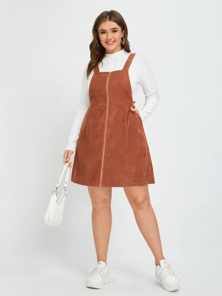 Plus 1pc Zip Up Corduroy Dress | SHEIN