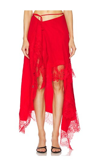Lace Trim Asymmetric Skirt in Red | Revolve Clothing (Global)