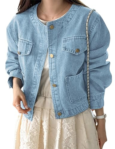 Omoone Women's Short Denim Jacket Spring Summer Long SLeeve Button Down Cropped Jean Jacket with ... | Amazon (US)