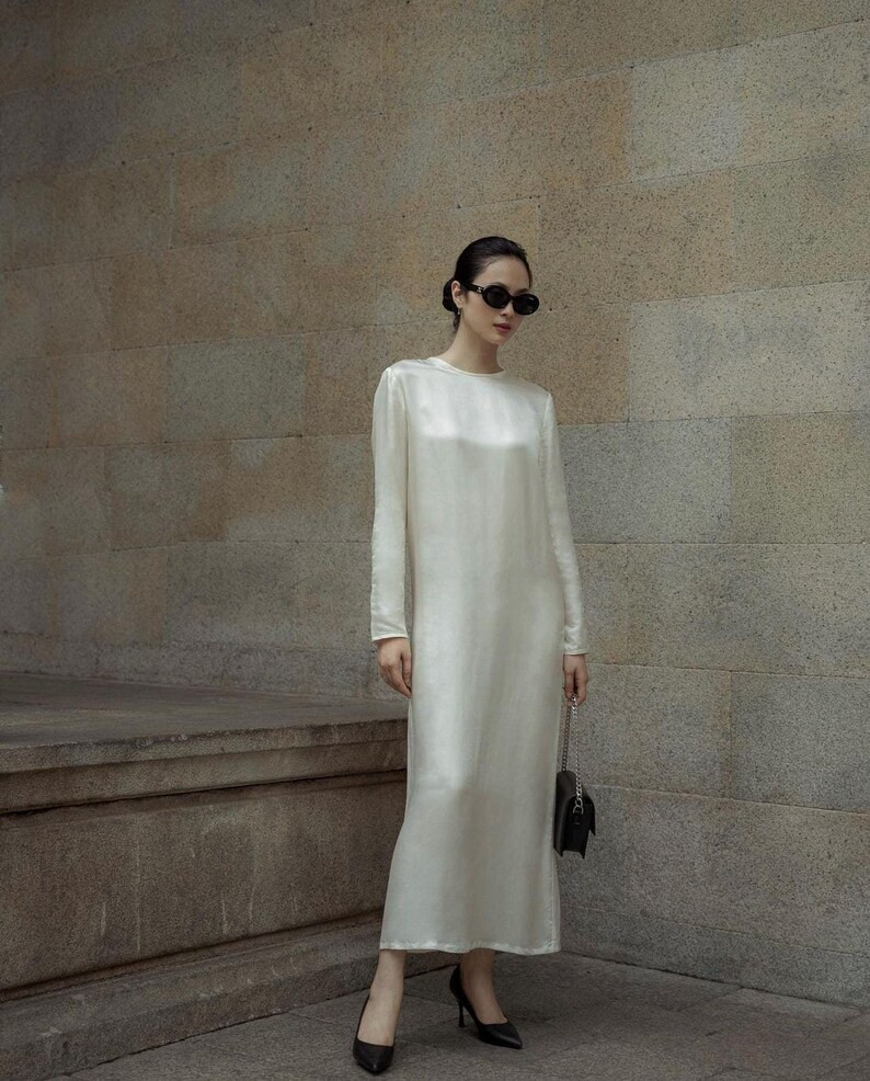 Silk Long Sleeve Basic Dress for Women Wedding Guest Maxi Silk Dress Formal Silk Dress Elegant Dr... | Etsy (US)