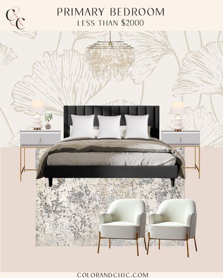Primary bedroom with everything less than $2000! Including velvet bed, nightstands, accent chairs and more. The most expensive piece is the chandelier, but is still reasonably priced 

#LTKstyletip #LTKhome