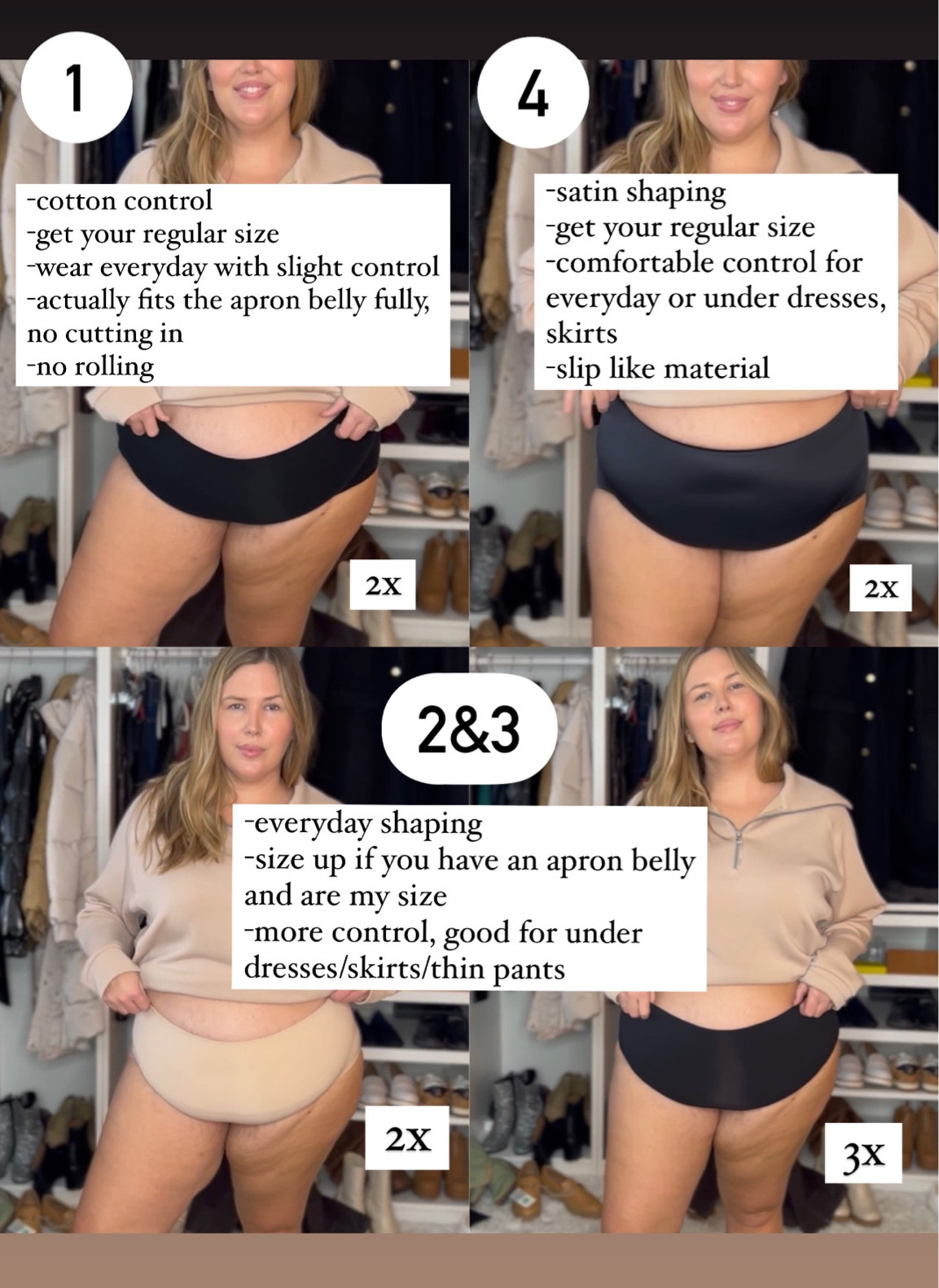 Spanx underwear on sale today!! 
Ashley Doeough is 5’8, high waisted and carries most thickness in her tummy.
1: -cotton control 
-get your regular size
-wear everyday with slight control
-actually fits the apron belly fully, no cutting in
-no rolling

2&3: -everyday shaping
-size up if you have an apron belly and are my size 
-more control, good for under dresses/skirts/thin pants

4: -satin shaping
-get your regular size
-comfortable control for everyday or under dresses, skirts
-slip like material 


#LTKCyberweek #LTKunder50 #LTKsalealert