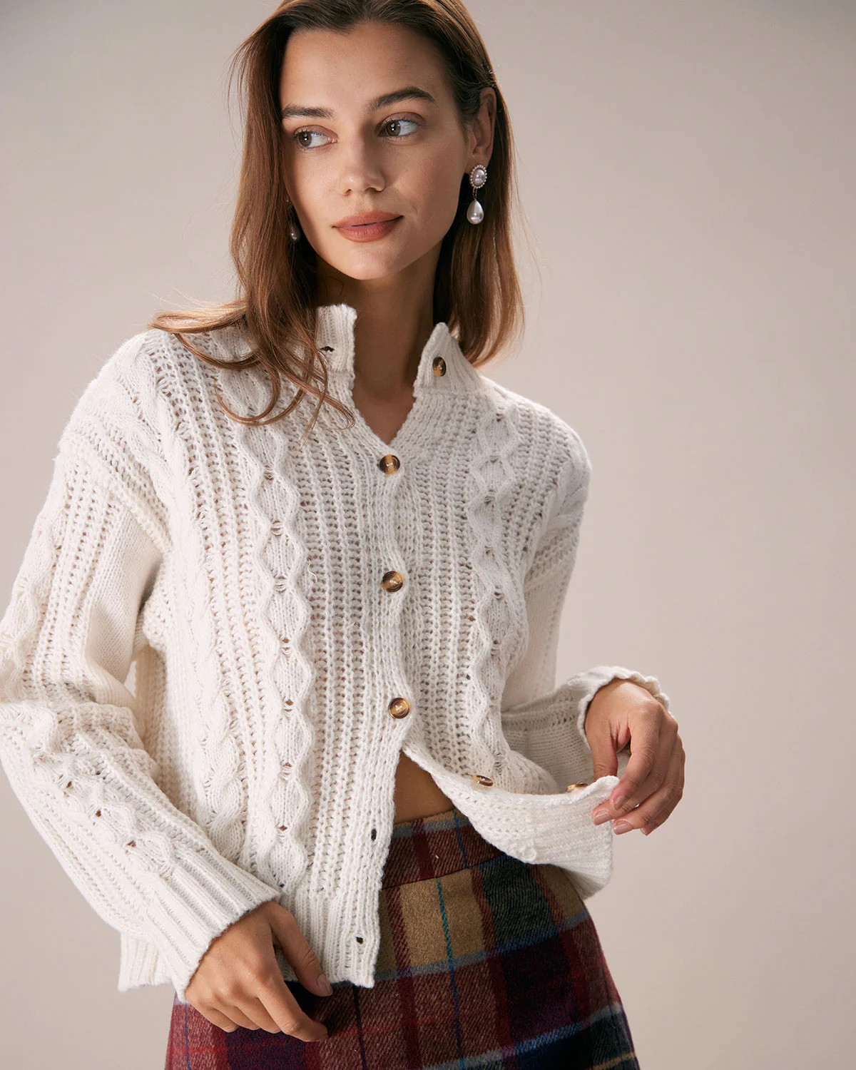 The White Crew Neck Argyle Cable Cardigan & Reviews - White - Tops | RIHOAS | rihoas.com
