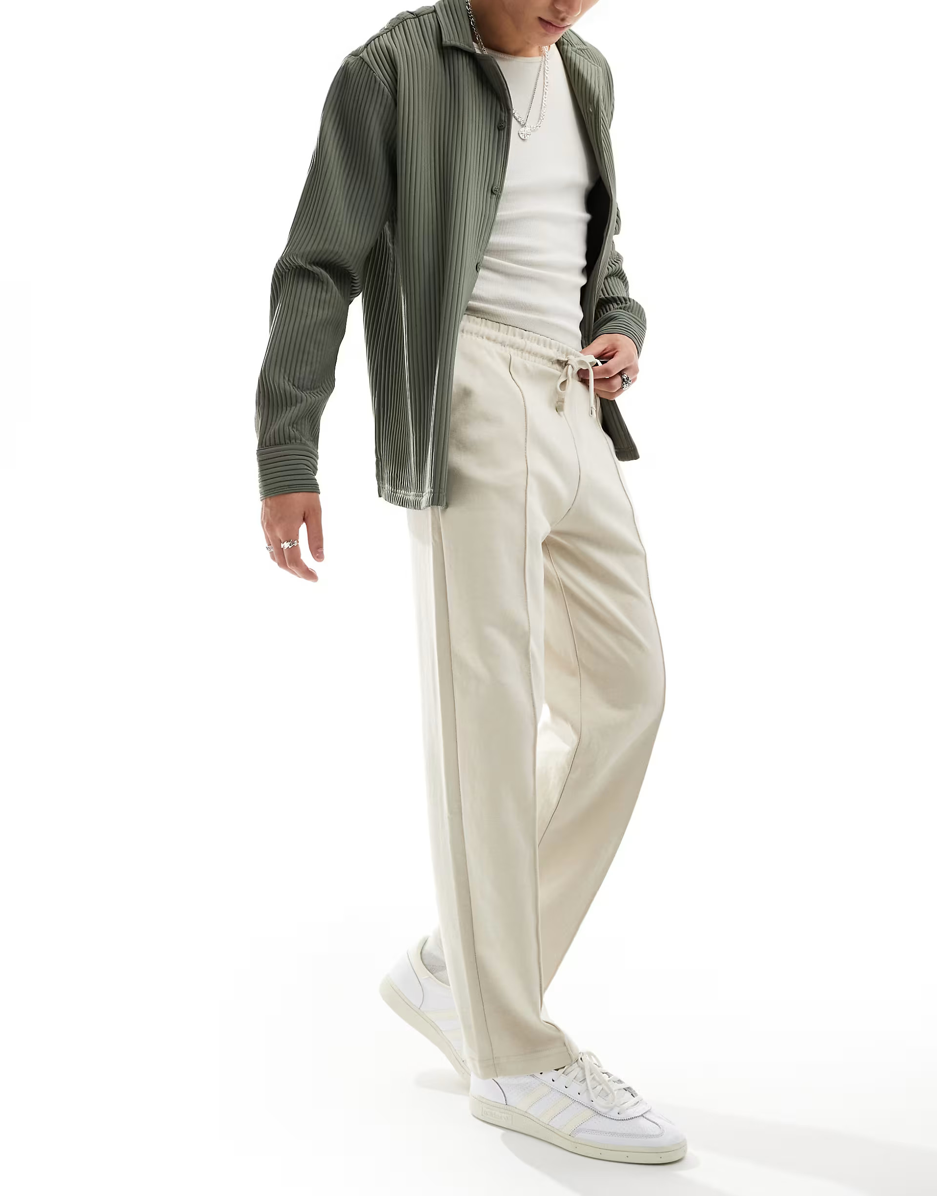 Bershka wide leg pintuck jogger in stone | ASOS (Global)