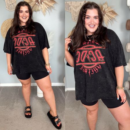 Casual OOTD 🖤⚡️🤘🏼 Mineral wash oversized graphic tee 2XL + biker shorts 1X. Sandals are Target designer lookalike 🎯 Tried hair rings for the first time! Comes in variety pack of gold and silver 

#LTKstyletip #LTKplussize #LTKSeasonal