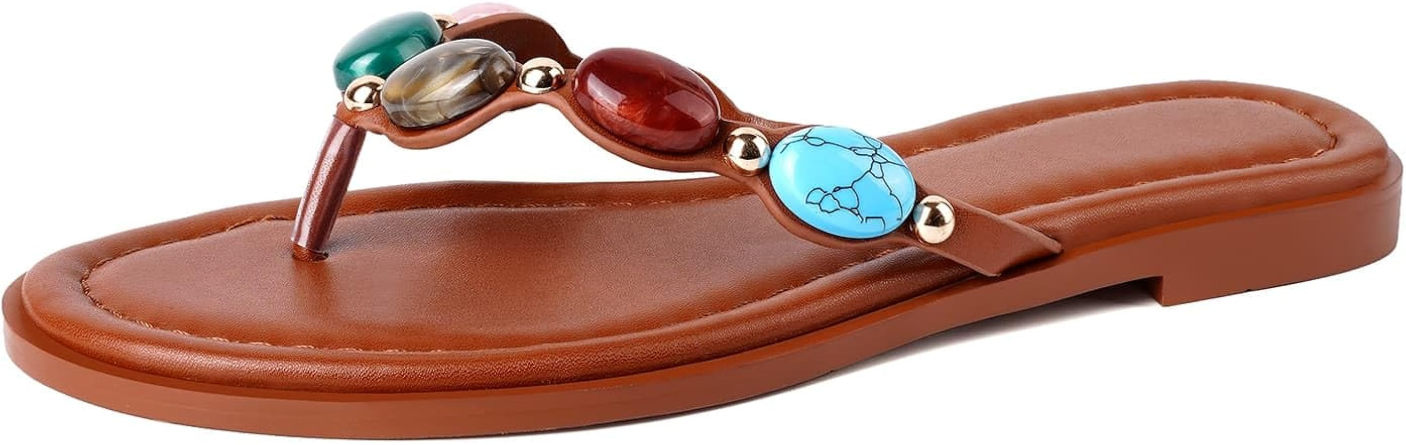 Jeweled Thong Flip Flops for Women Open Round Toe Flat Sandals Summer Beach Casual Slippers | Amazon (US)