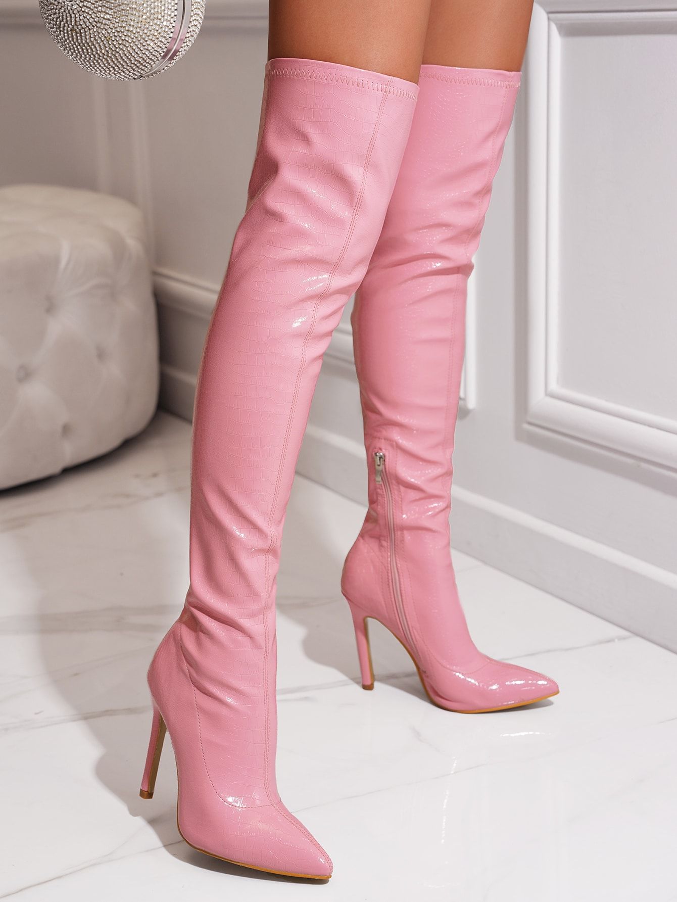 Zipper Side Point Toe Stiletto Heeled Sock Boots, Sexy Pink Crocodile Pattern Elastic Boots | SHEIN