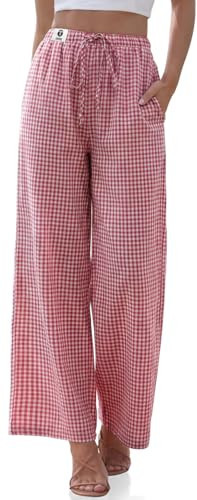 TARSE Womens Linen Striped Gingham Wide Leg Pants Palazzo Drawstring Lounge Pajama Pants Cute Cas... | Amazon (US)