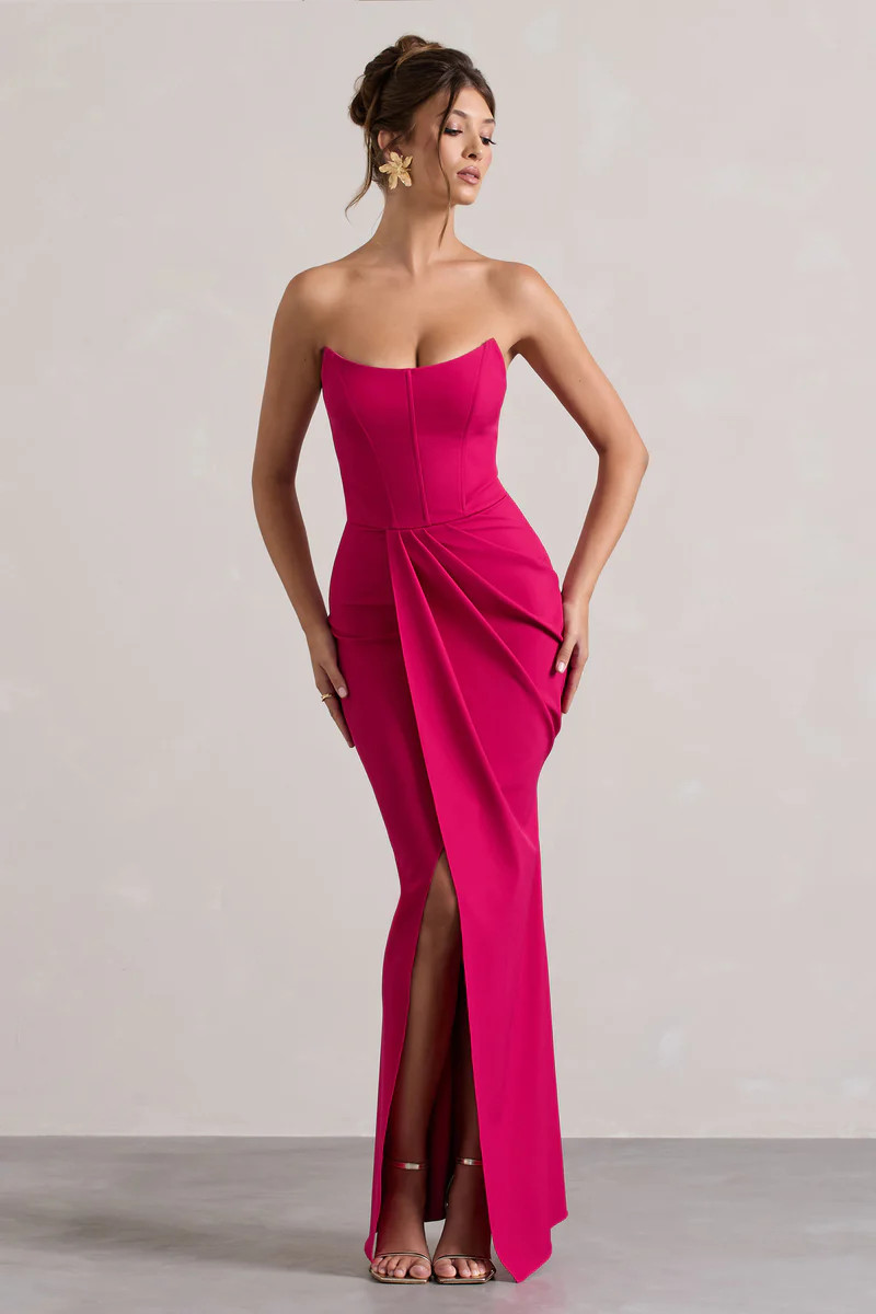 Brigitte | Hot Pink Strapless Corset Wrap Maxi Dress | Club L London