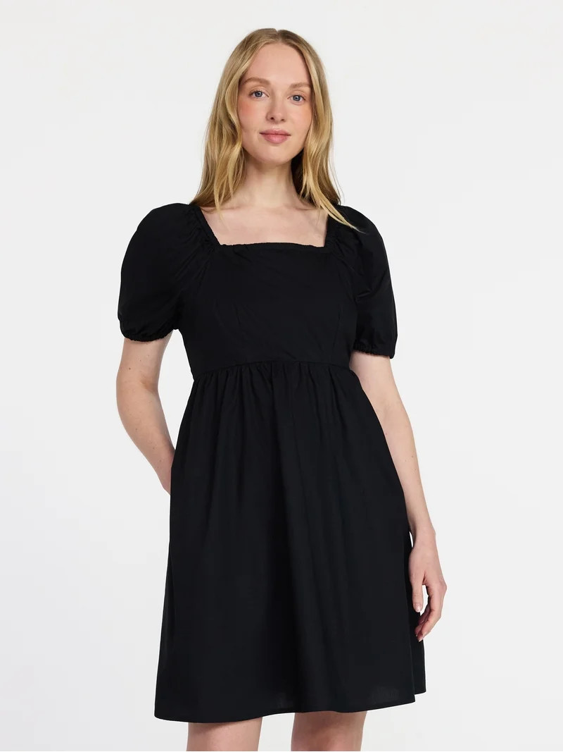 Time and Tru Women's and Women's Plus Tie Back Mini Dress with Puff Sleeves, Sizes XS-4X | Walmart (US)