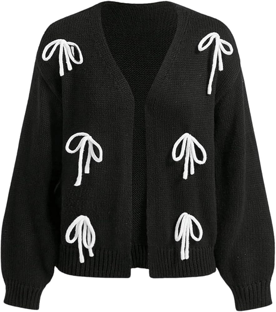 Verdusa Women's Bow Knot Long Sleeve Open Front Knitted Cardigan Sweater | Amazon (US)
