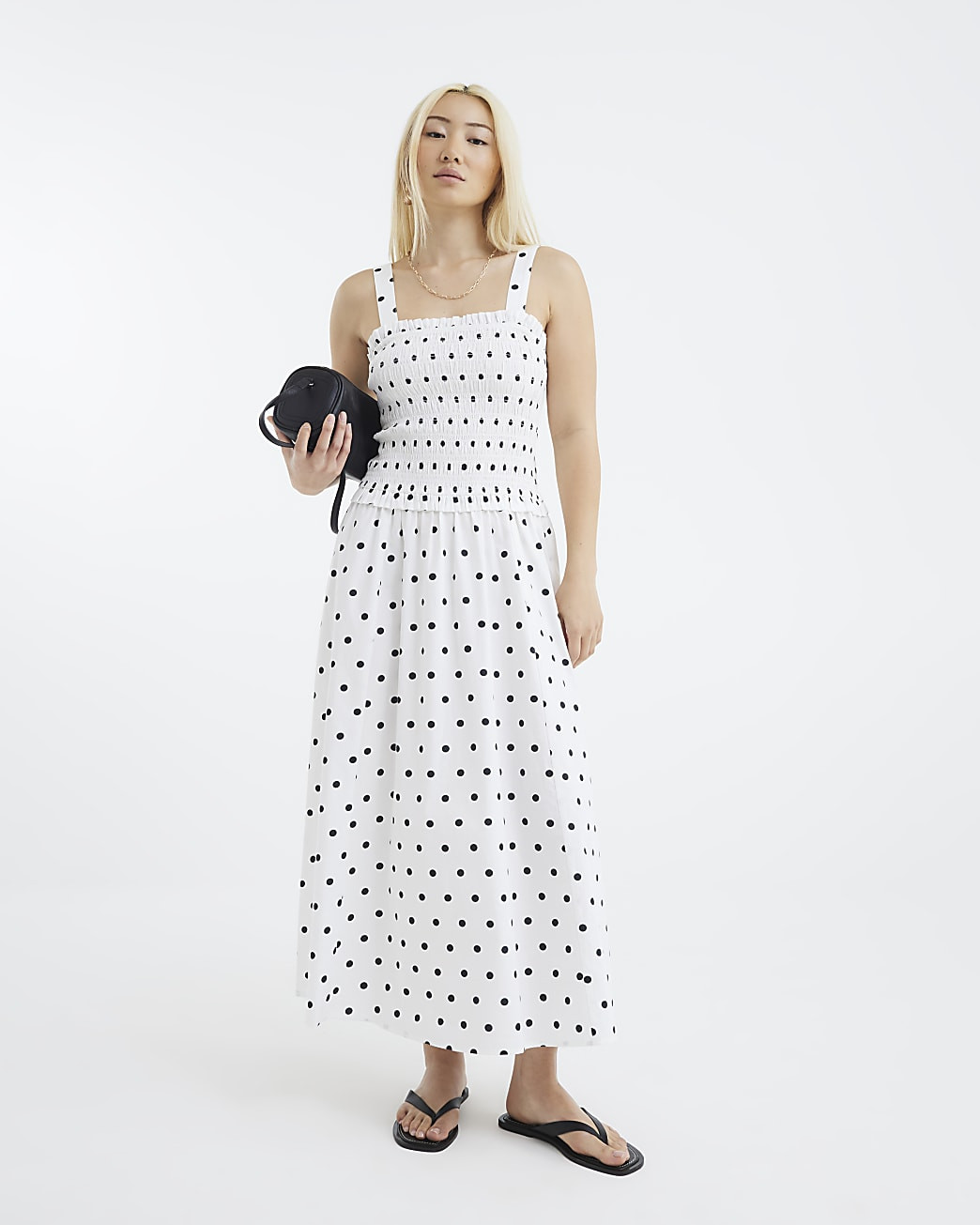 White Polka Dot Shirred Midi Dress | River Island UK & IE