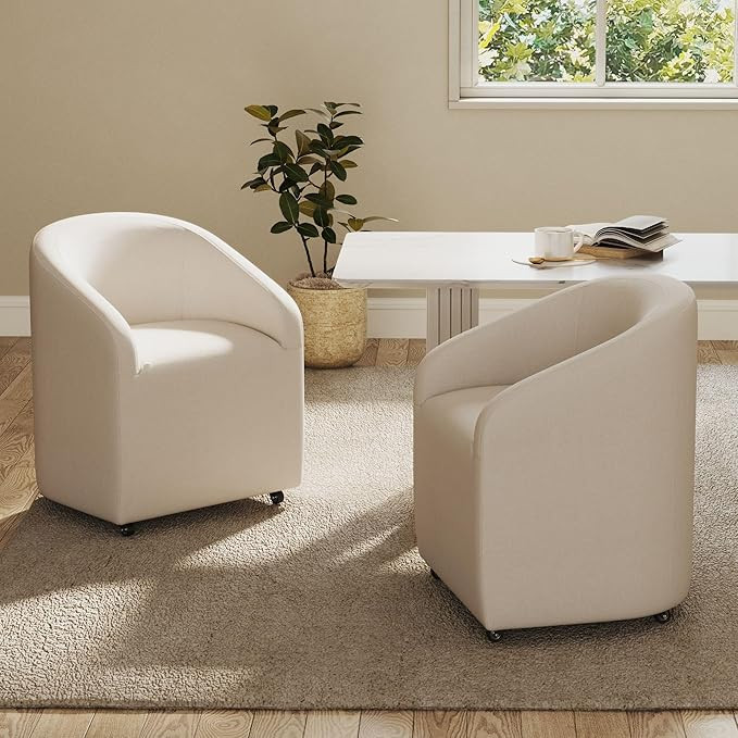 White Barrel Dining Room Chairs with Swivel Casters Set of 2 Linen Upholstered Modern Dining Chai... | Amazon (US)