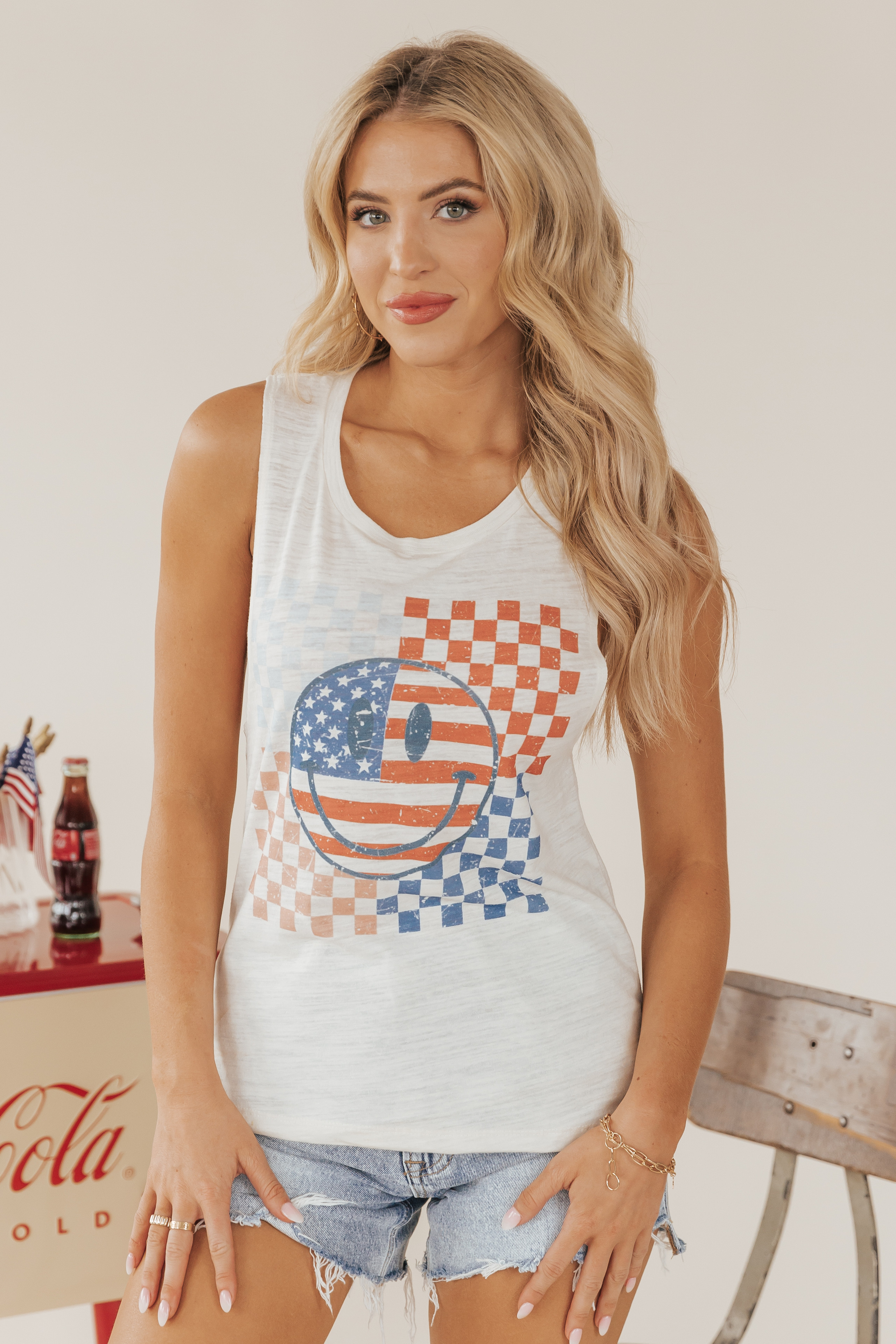 Checkered Flag Smiley Face Cotton Tank | Magnolia Boutique