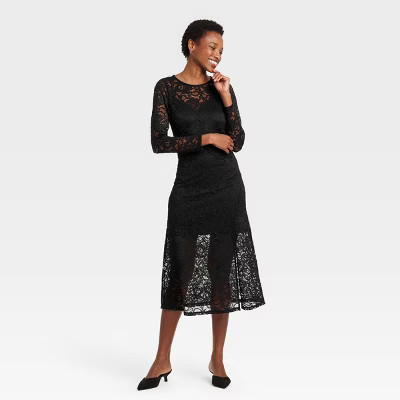 Women's Long Sleeve Midi Lace Dress - A New Day™ Black Floral | Target