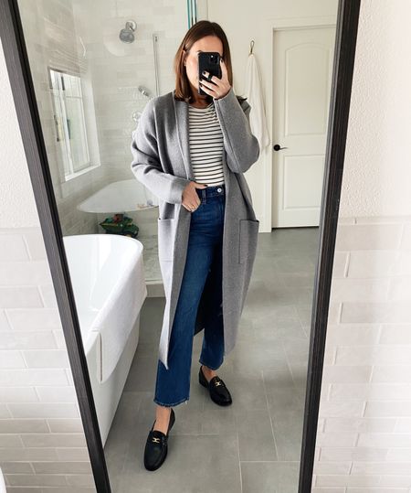 My favorite Abercrombie jeans 20% off with the LTK sale! They run tts and at 5’4, I can get the regular length and not have to alter them. Striped top is such a great basic and layered it up with this Mango coatigan. 

#LTKfindsunder100 #LTKSale #LTKover40