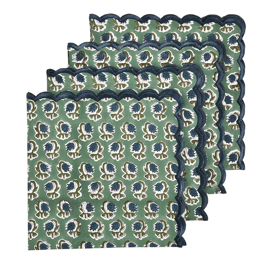 Ridhi Basil Green Scallop Embroidery Cloth Napkins Set of 4 Cotton Printed Dinner Block Print Nap... | Amazon (US)